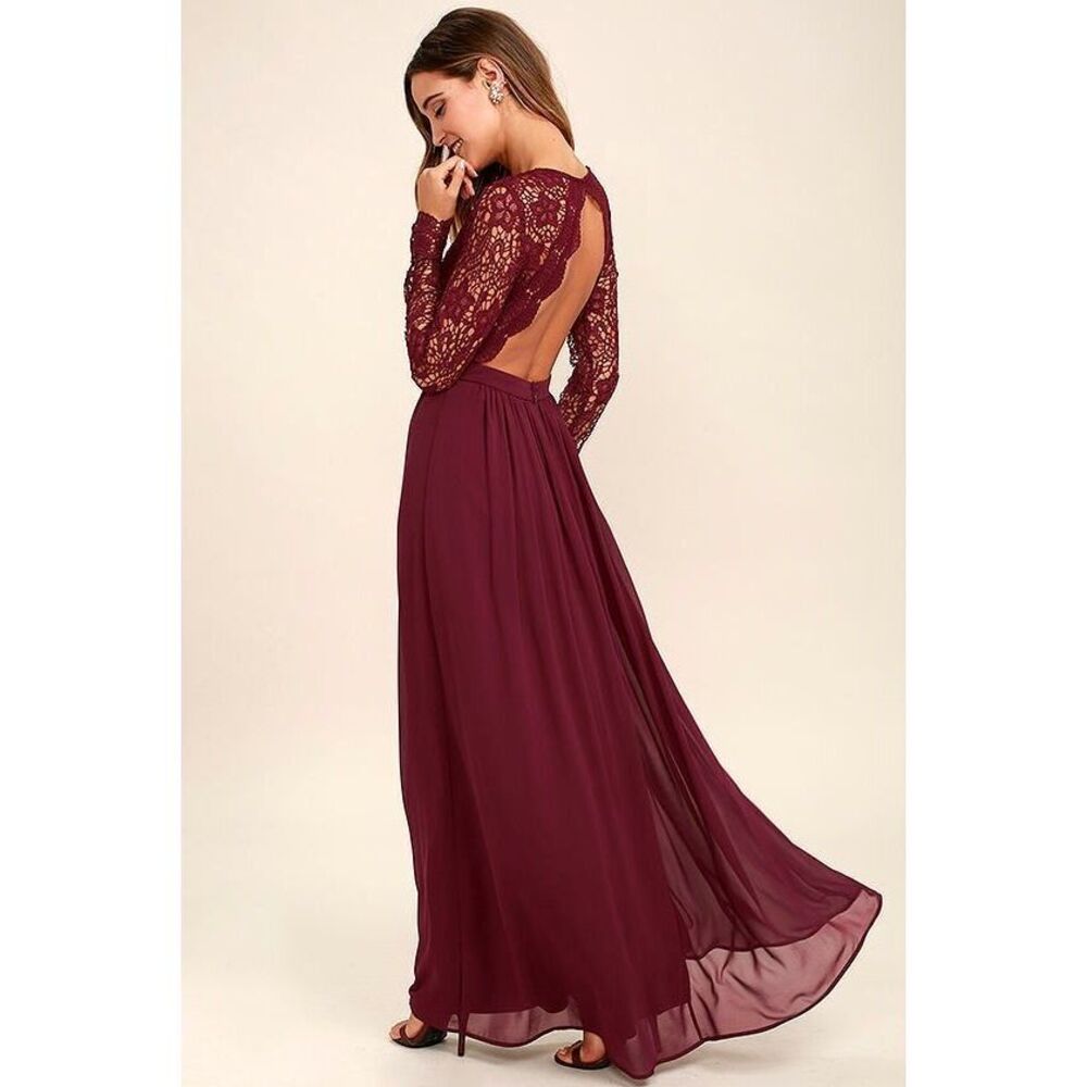 Lulus Awaken My Love Burgundy Long Sleeve Lace Maxi Dress Red - Size Small